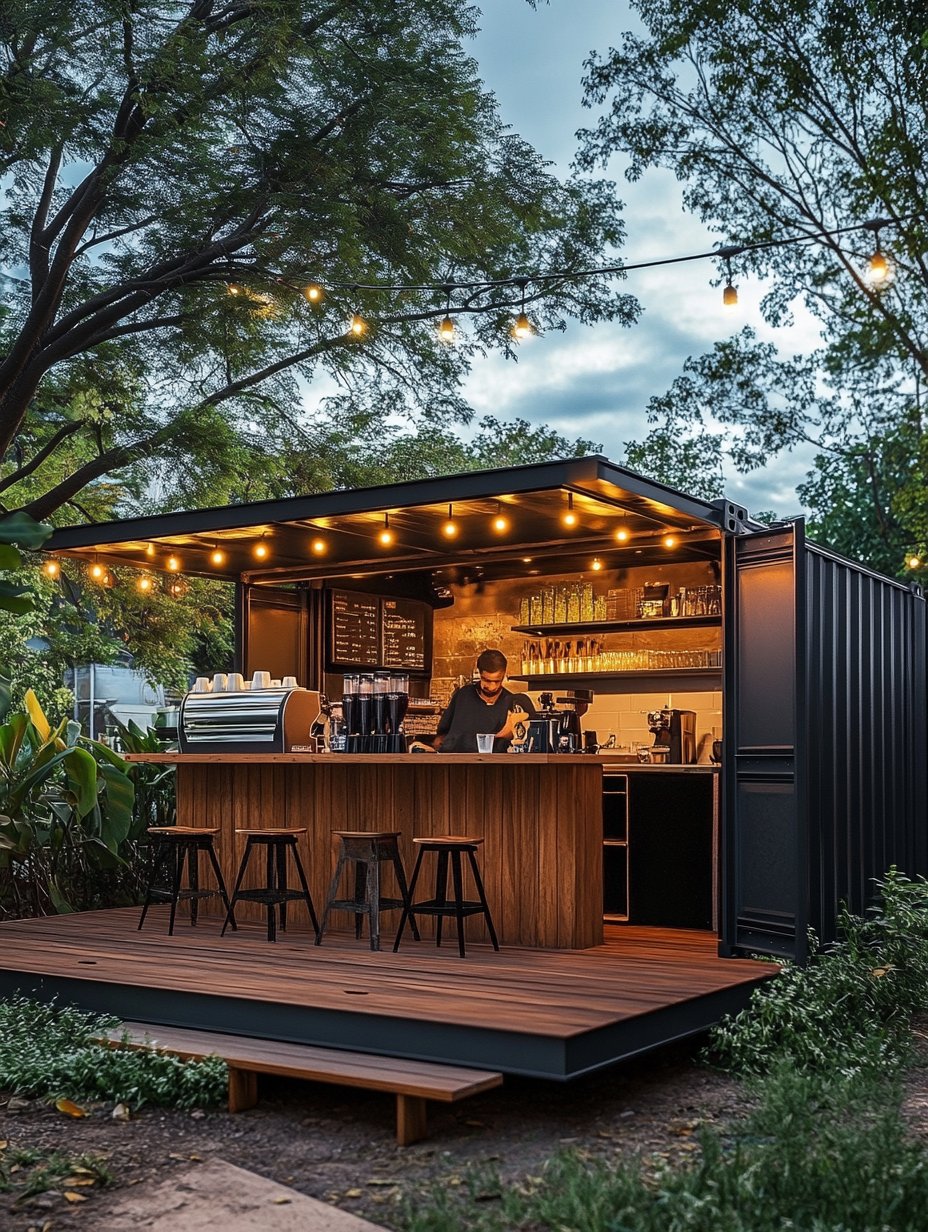 Underdog Coffee Bar — upcycled shipping container coffee shop at dusk